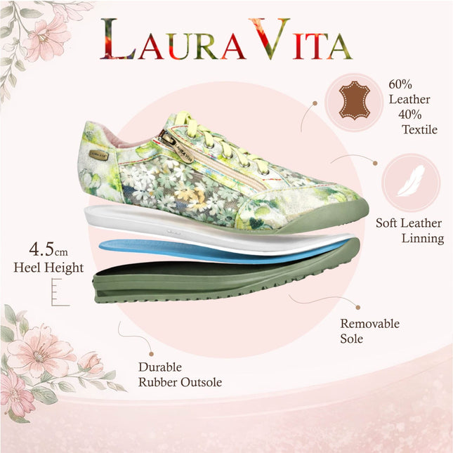 Laura Vita Women's Tivanao-05 Yellow Floral Leather Trainers Zip Sneaker Shoes