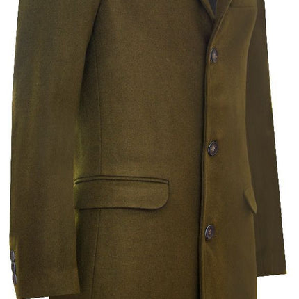 Men's Long Olive Wool Slim Fit Overcoat