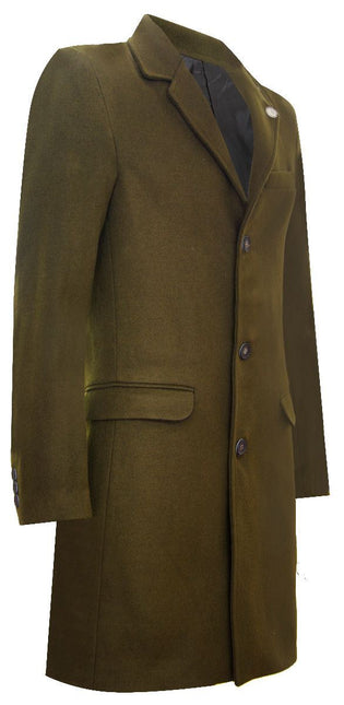Men's Long Olive Wool Slim Fit Overcoat