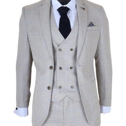 Men's Cream Plain Check 3 Piece Slim Fit Formal Wedding Suit