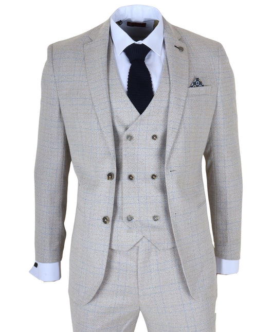 Men's Cream Plain Check 3 Piece Slim Fit Formal Wedding Suit