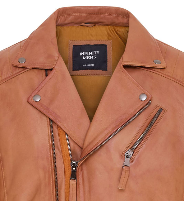 Mens Slim Fit Brando Style Double Cross Zip 100% Leather Biker Jacket