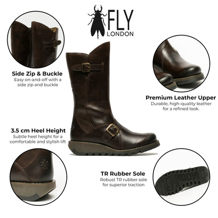 Fly London Womens Brown Mes 2 Wedge Heel Buckle Mid-Calf Leather Zip Platform Boots