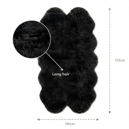 Genuine Sheepskin Black Quad Natural Fluffy Silky Soft Real Wool Rug