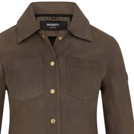 Womens Taupe Brown Leather Shacket Collar Jacket - Lofar