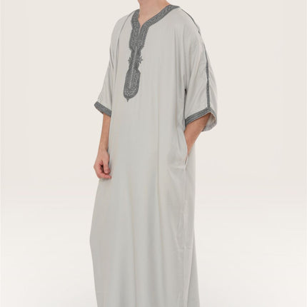 Men's Grey Charcoal Moroccan Thobe Robe Eid Djellaba Gandoura Jubba- HM65