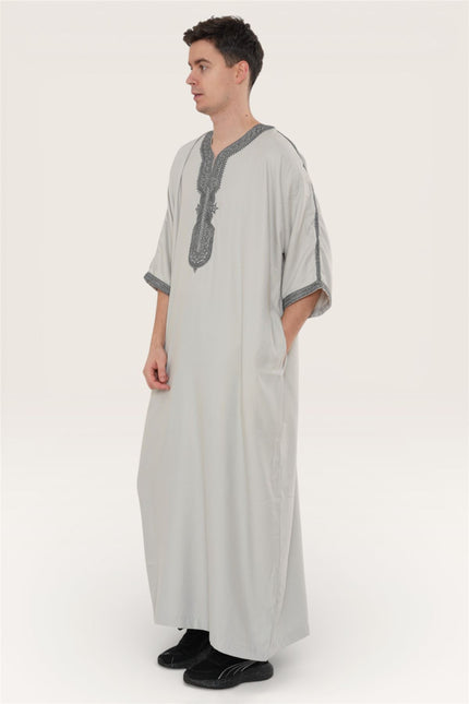 Men's Grey Charcoal Moroccan Thobe Robe Eid Djellaba Gandoura Jubba- HM65