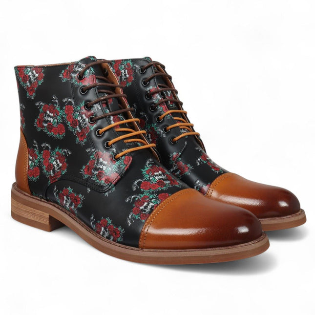 Justin Reess Men's Brown Floral Skull Print Leather Oxford Ankle Boots - Adam Skull