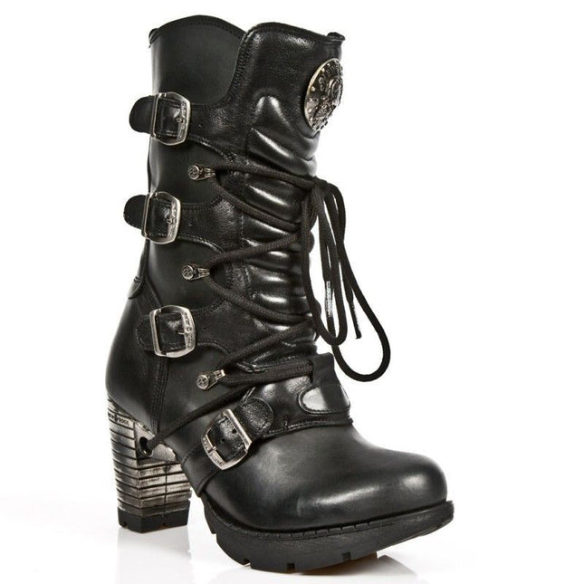 New Rock Ladies Black Leather Metallic Gothic Boots- Tr003-S1