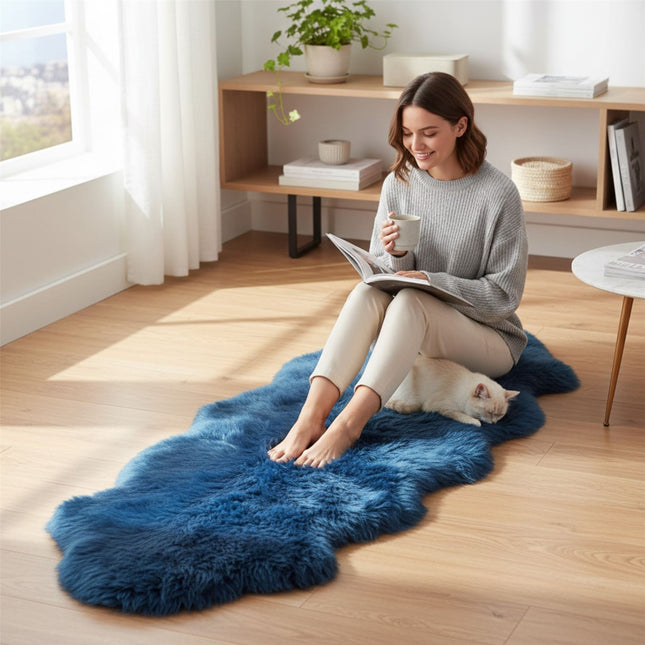 Genuine Sheepskin Diamond Blue Double Natural Fluffy Silky Soft Real Wool Rug