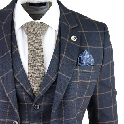 Mens Navy Blue Check 3 Piece Tweed Suit Peaky Blinders 1920s Gatsby Tailored Fit
