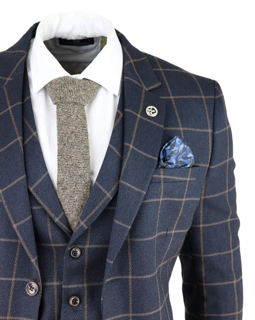 Mens Navy Blue Check 3 Piece Tweed Suit Peaky Blinders 1920s Gatsby Tailored Fit