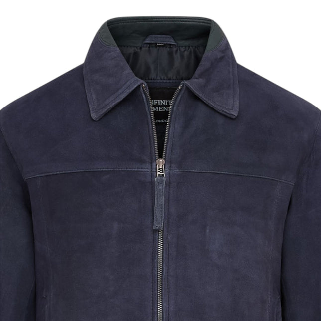 Mens Navy Goat Suede Leather Harrington Biker Jacket - Berlin