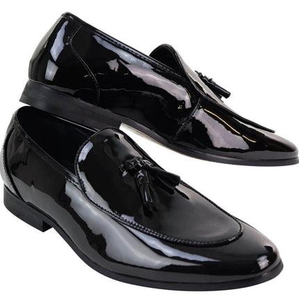 Mens Tasselled Black Patent Leather Slip On Loafers