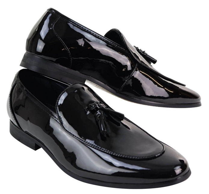 Mens Tasselled Black Patent Leather Slip On Loafers