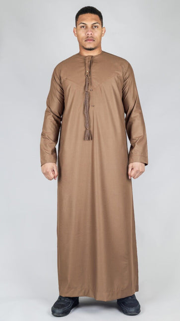 Men's Brown Thobe Emirati Islamic Jubba Robe Eid Tassel Regular Fit