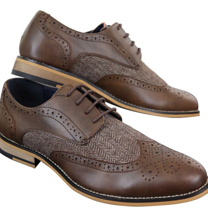 Mens Classic Oxford Tweed Brogue Shoes In Brown Leather