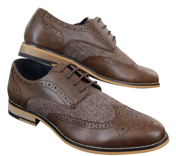 Mens Classic Oxford Tweed Brogue Shoes In Brown Leather