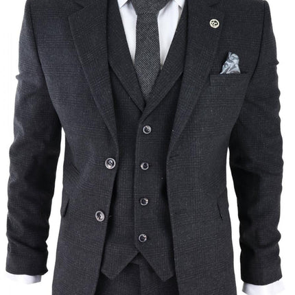 Mens Black 3 Piece Tweed Suit Peaky Blinders 1920s Gatsby Classic Tailored Fit