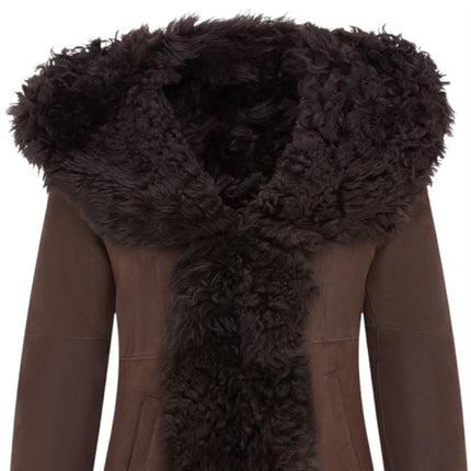 Womens Brown Toscana Sheepskin Leather Hooded Trench Coat - Coast