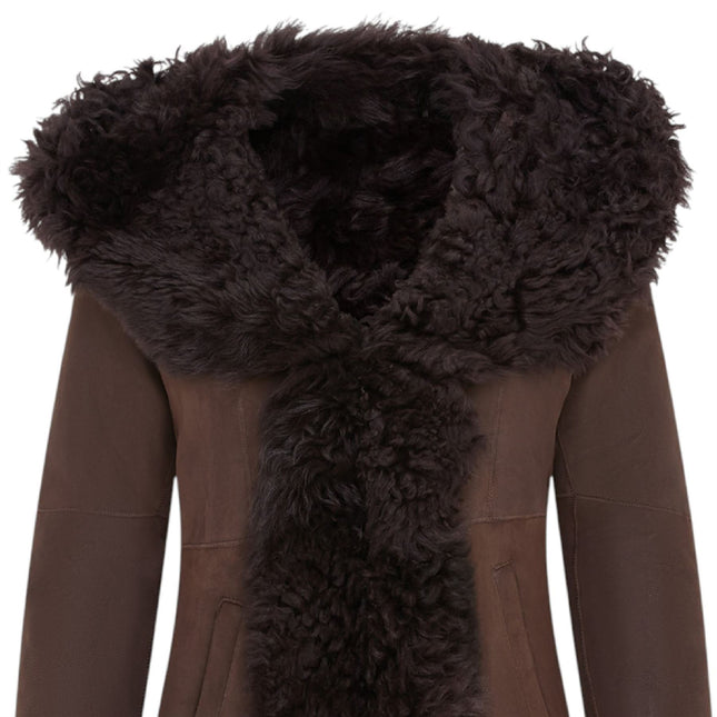 Womens Brown Toscana Sheepskin Leather Hooded Trench Coat - Coast