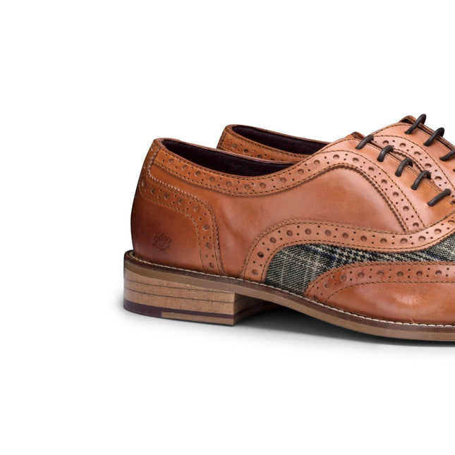 Mens Classic Oxford Tan Leather Gatsby Brogue Shoes With Tweed
