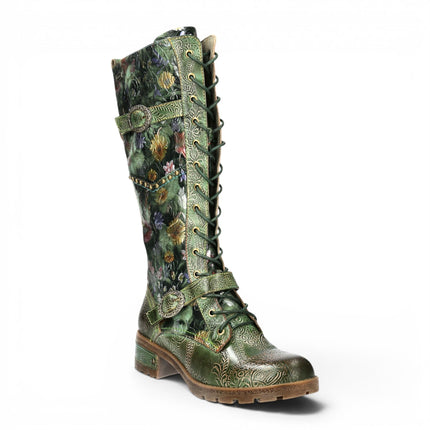 Laura Vita Women's Victorian Floral Green Leather High Lace-Up Long Boots - Cocrailo-82