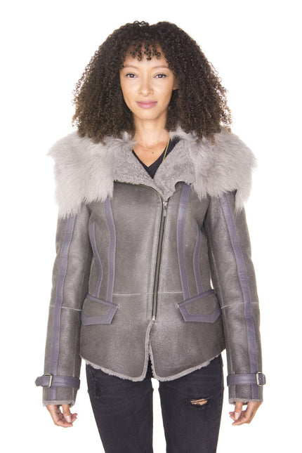 Womens Grey Toscana Shearling Flying Jacket-Teresina