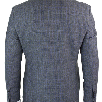Mens 3 Piece Grey Blue Check Vintage Retro Suit