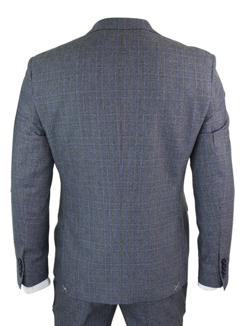 Mens 3 Piece Grey Blue Check Vintage Retro Suit
