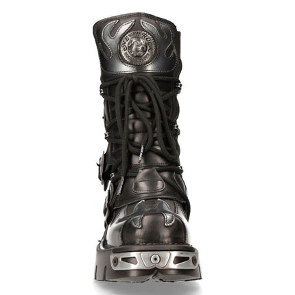 New Rock Flame Accented Black/Silver Leather Boots -591-S2