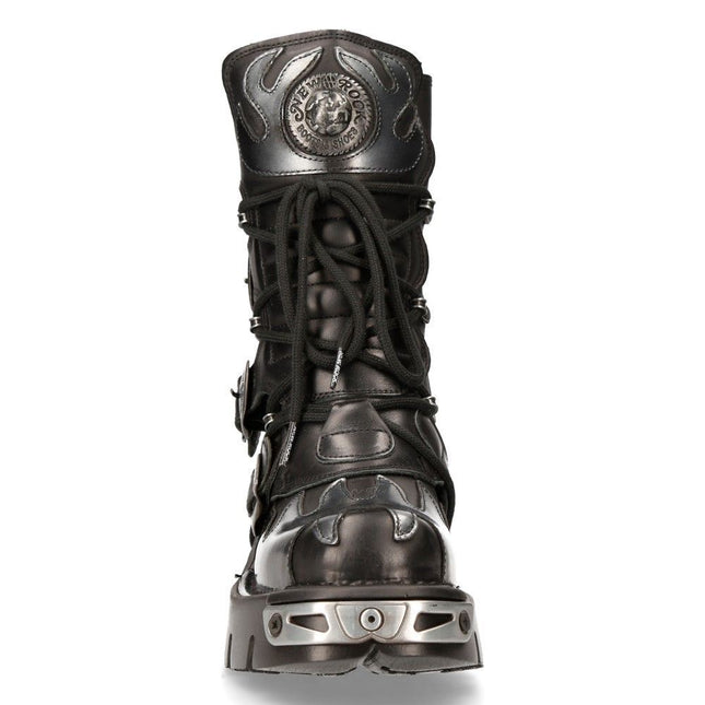 New Rock Flame Accented Black/Silver Leather Boots -591-S2