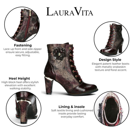 Laura Vita Women’s Wine Leather Floral Heeled Lace-Up Boots - Alcbaneo 173