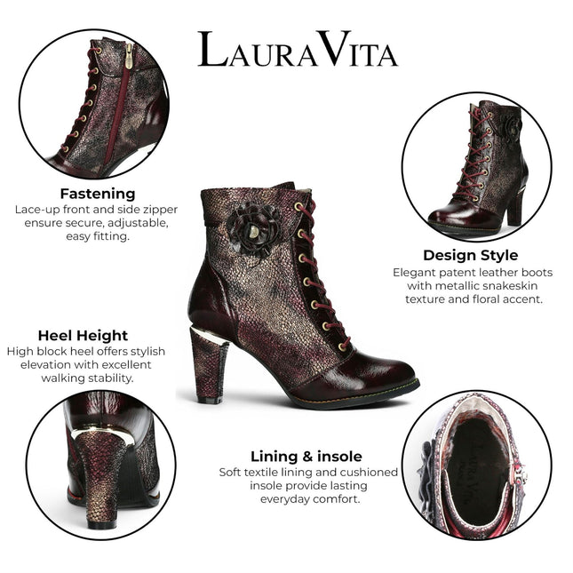 Laura Vita Women’s Wine Leather Floral Heeled Lace-Up Boots - Alcbaneo 173