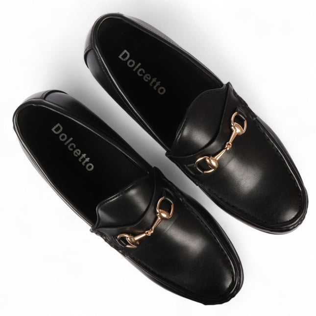 Men's Black Loafers with Gold Buckle Smart Slip-On Shoes