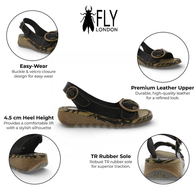 Fly London Women's TRAM723FLY Black Leather Wedge Sandals