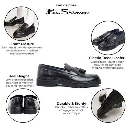 Ben Sherman Men's Black Leather Tassel Loafer Shoes - Dudley