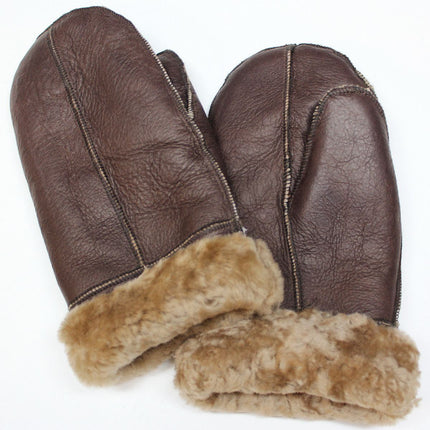 Unisex Brown Real Sheepskin Leather Shearling Gloves Warm Mittens