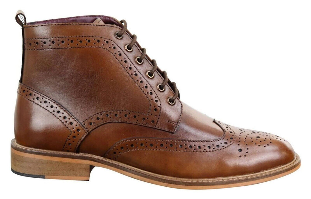 Mens Classic Oxford Brogue Ankle Boots In Tan Leather