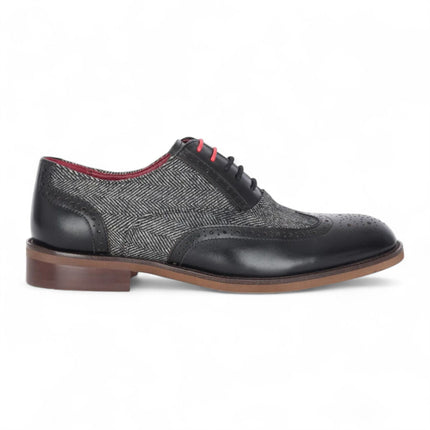 Justin Reess Men's Black Leather Tweed Brogue Shoes - Albert