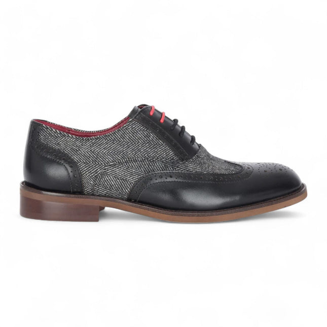 Justin Reess Men's Black Leather Tweed Brogue Shoes - Albert