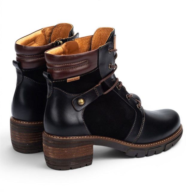 Pikolinos Women’s Black Leather Zip & Lace Up Heel Ankle Boots - San Sebastia