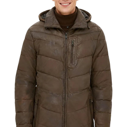 Men's Brown Leather Quilted Jacket Hooded Puffer Winter Coat - Olyic