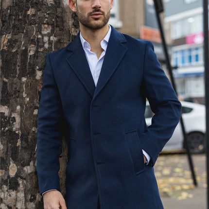 Men's Notched Lapel Collar Wool Blend Navy Overcoat