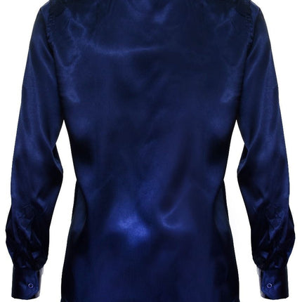 Mens Blue Satin Silk Shirt Smart Casual Button Down Cuff Tailored Fit