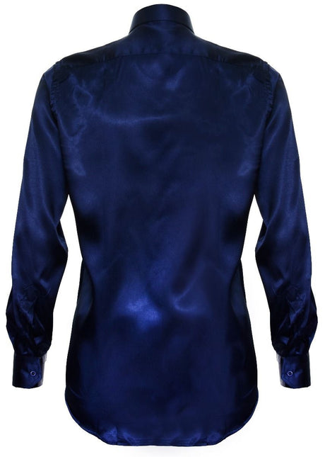 Mens Blue Satin Silk Shirt Smart Casual Button Down Cuff Tailored Fit