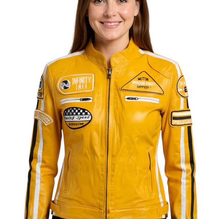 Womens Biker Racing Badges Leather Jacket-Eastleigh
