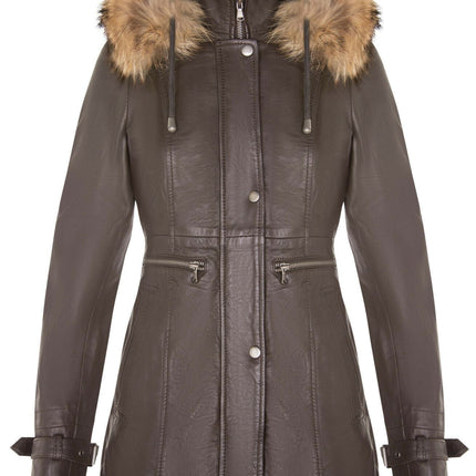 Womens Warm Leather Hooded Parka Jacket-Northwich