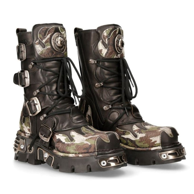 New Rock Flame Accented Camouflage Leather Biker Boots- M-591-S15