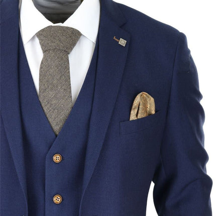 Mens 3 Piece Navy Blue Birdseye Classic Suit